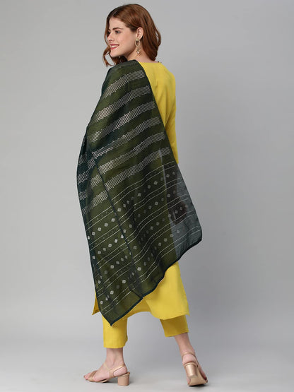 GoSriKi Women's Cotton Blend Solid Straight Kurta with Pant & Dupatta (RATAR-MAHENDI-GS)