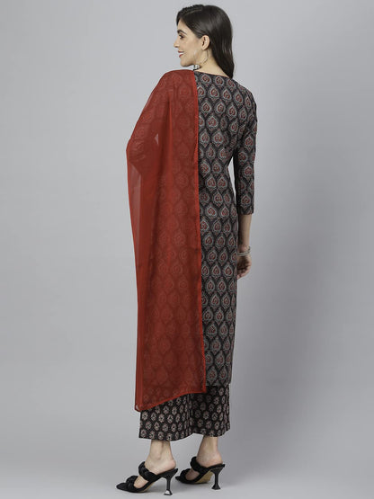 ANNI DESIGNER Women's Cotton Blend Straight Printed Kurta with Palazzo & Dupatta (Anky)