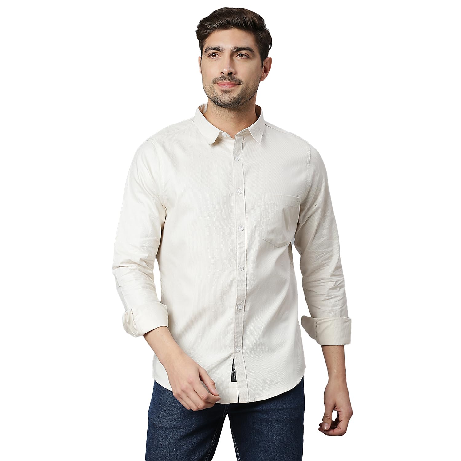 Thomas Scott Mens Solid Slim Fit 100% Cotton Casual Shirt with Spread Collar and Long Sleeve Beige