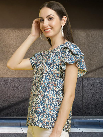 Pinkmint Womens Printed Combo Tops ll Regular Fit Ruffle Trim Petal Sleeve ll Fancy Girls Top (Pack of 3)