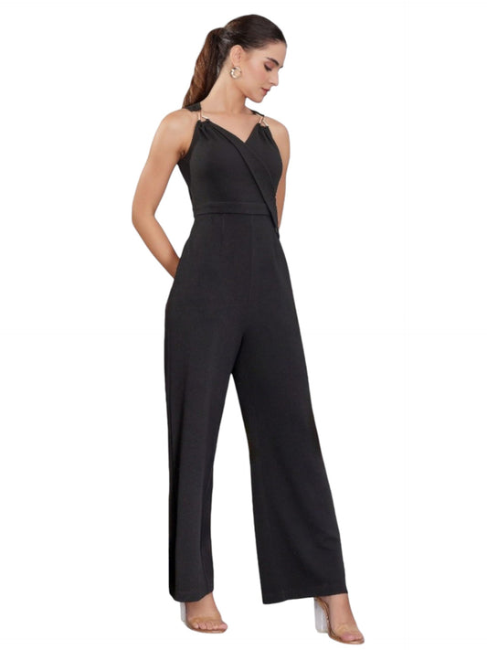 Miss Chase Womens V Neck Sleeveless Regular Length Jumpsuit (MCAW19D08-48-62-04, Black, M)