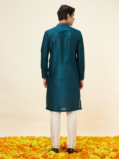 Manyavar Mens Blue Art Silk Self Design Kurta Pyjama Set