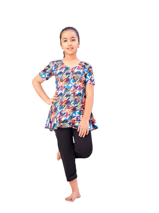 Aarika Girls Sports Wear Multi-Black Colour Abstract Print Nylon Swim Suit (5-15 Years)-(SW-SHM-C-1115)
