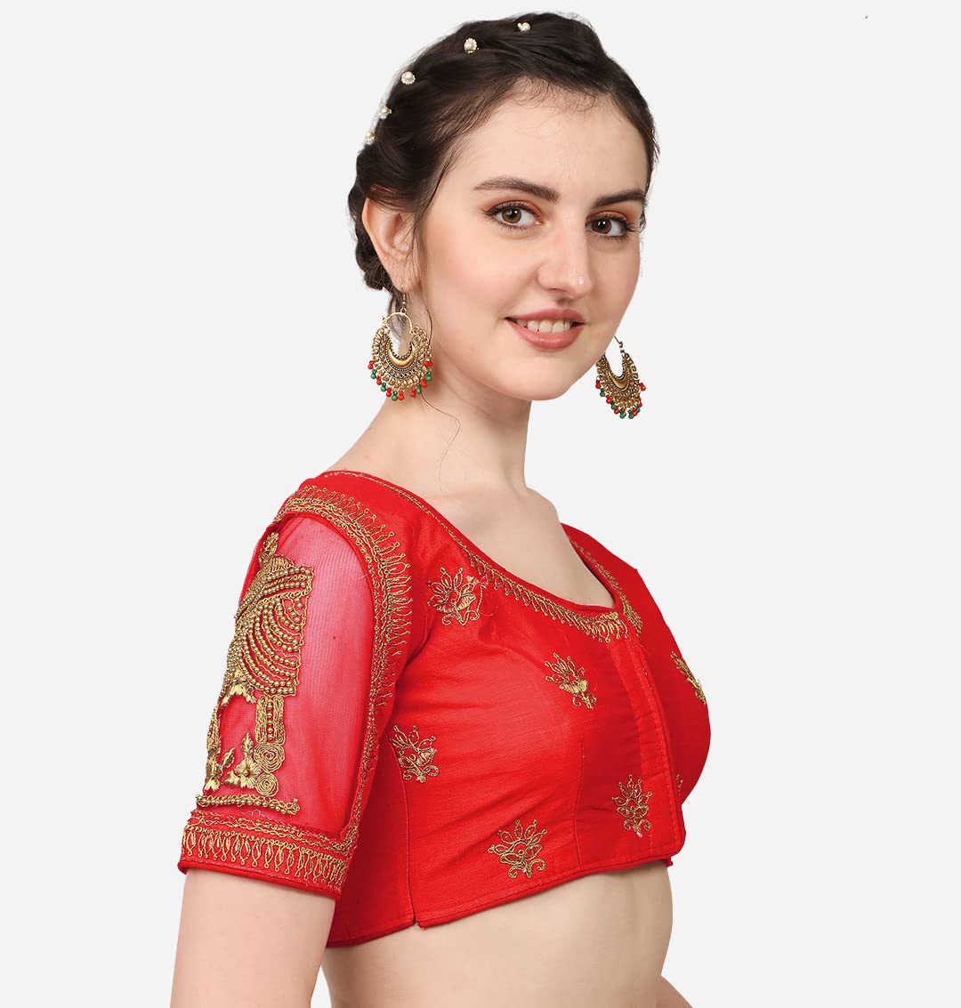 Pujia Mills WomenS Multicolor Temple Embroidery Net Back Sequence Khatli Work Sleeves Design Phantom Silk Readymade Saree Blous