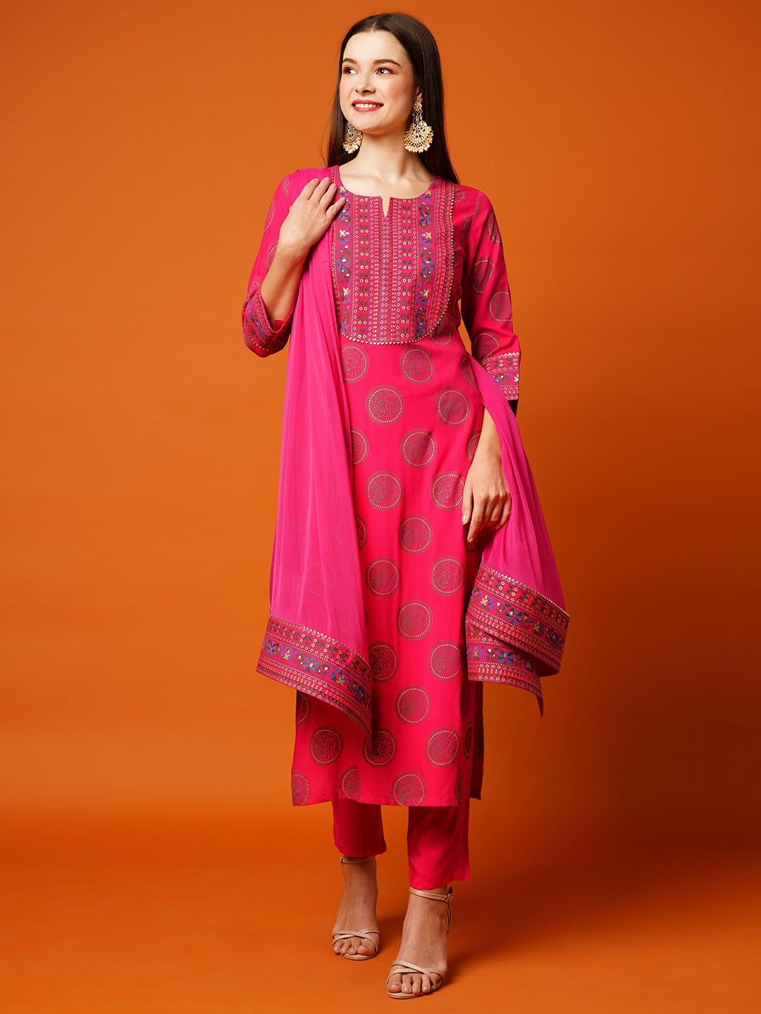 Gosriki WomenS Cotton Blend Printed Straight Kurta With Pant & Dupatta (Nov-Pink-Nw-Gs_L_Pink_Large)