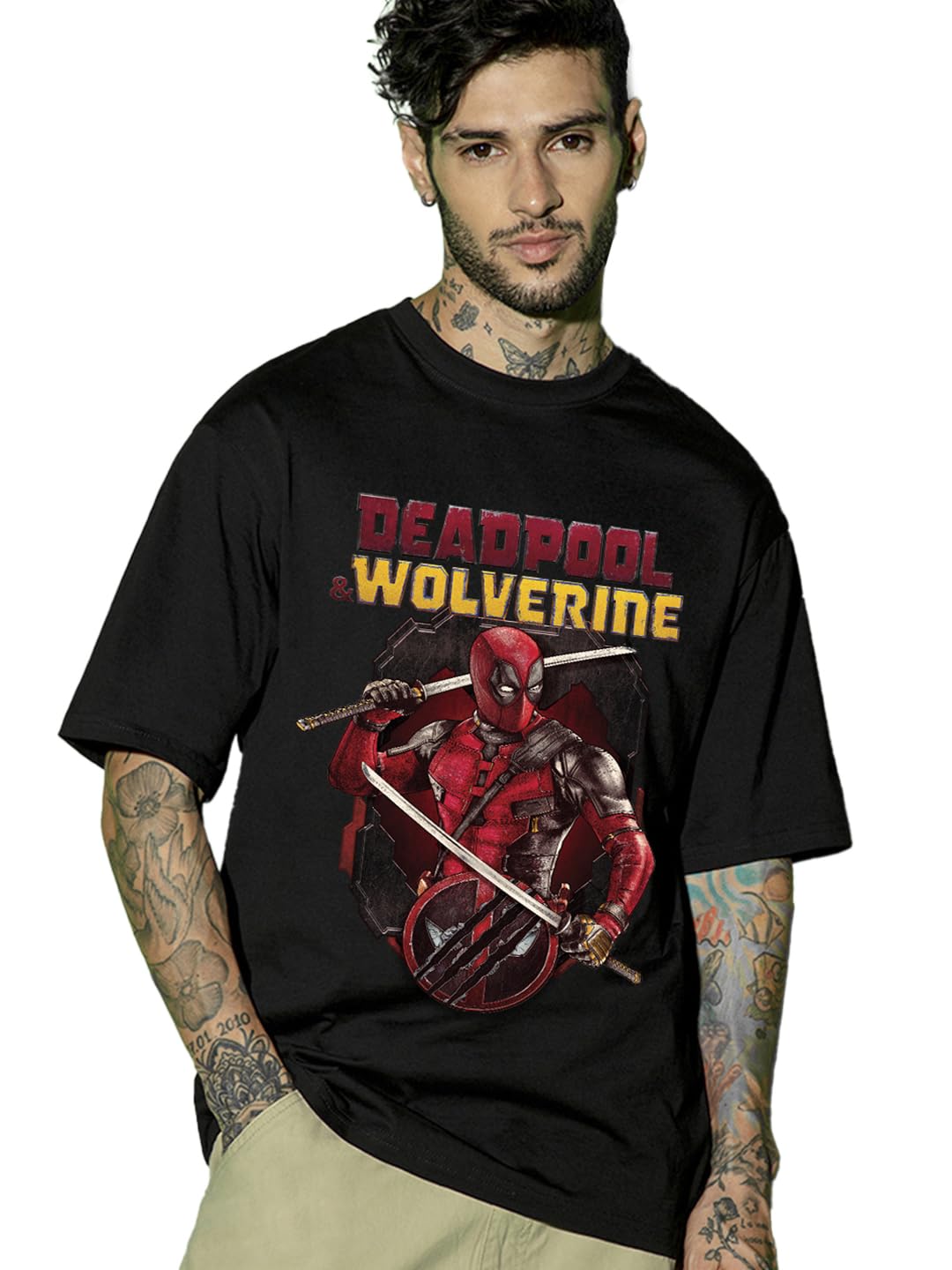 Bewakoof Official Marvel Merchandise Deadpool MenS Graphic Print Oversized Fit Half Sleeve Round Neck Cotton Jersey T-Shirt_6459