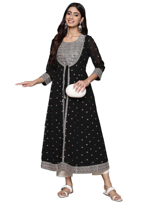 ishin Women's Georgette Ethnic Motifs Beige Anarkali Kurta