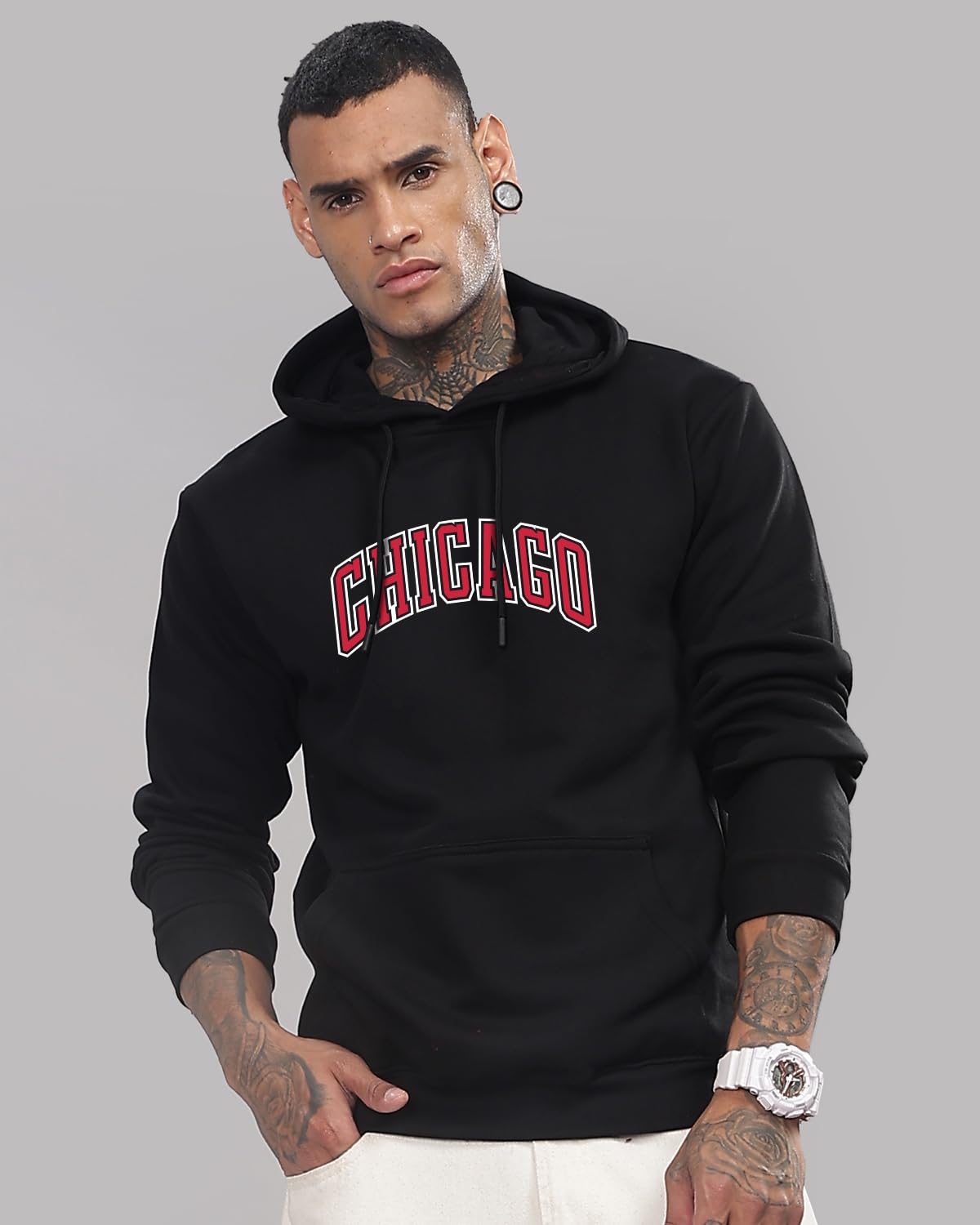 ADRO Men's Cotton Neck Hooded Sweatshirt (H24-CAGO-BL_Black