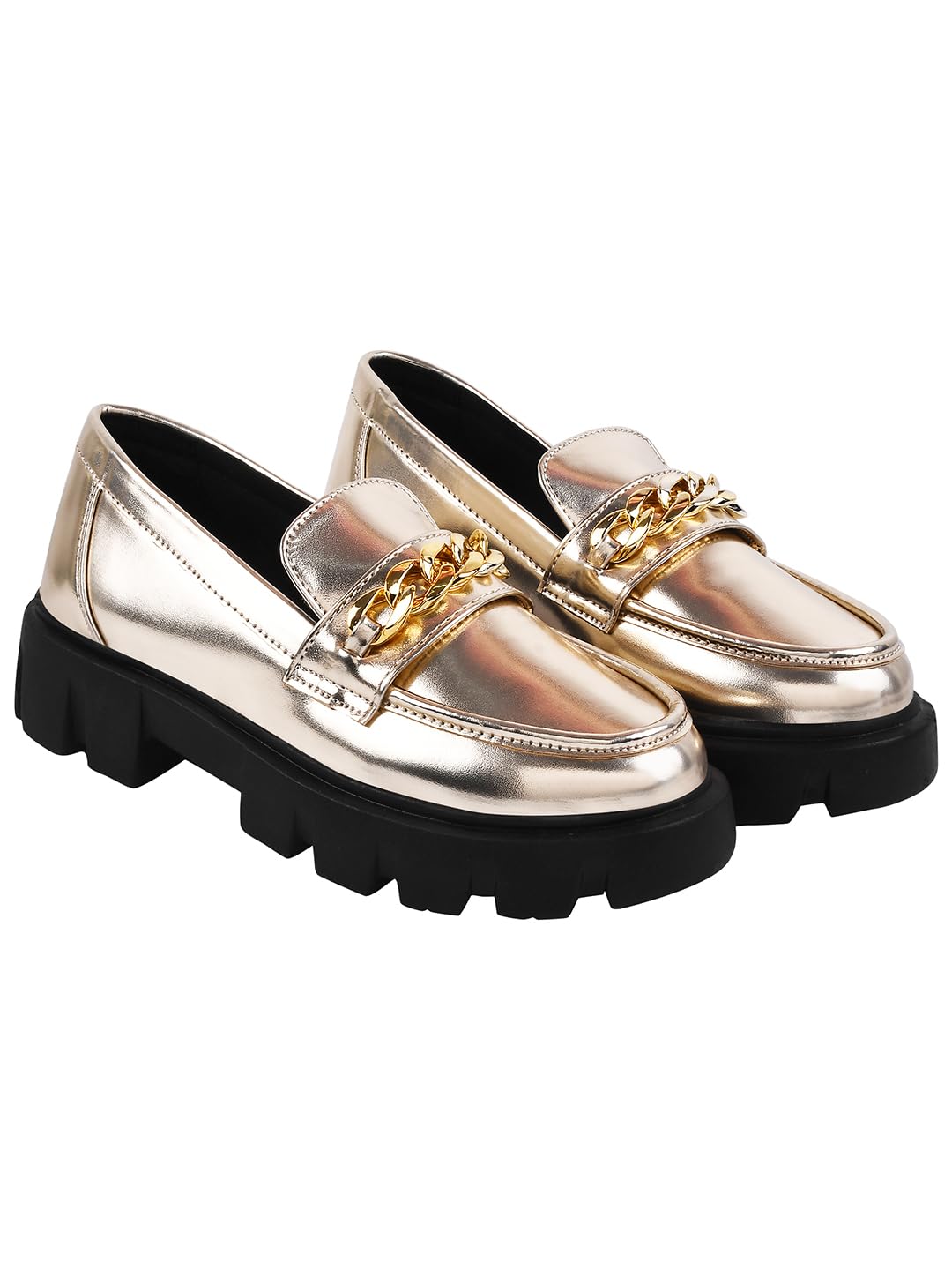 Shoetopia WomenS Block Heel Loafers Golden