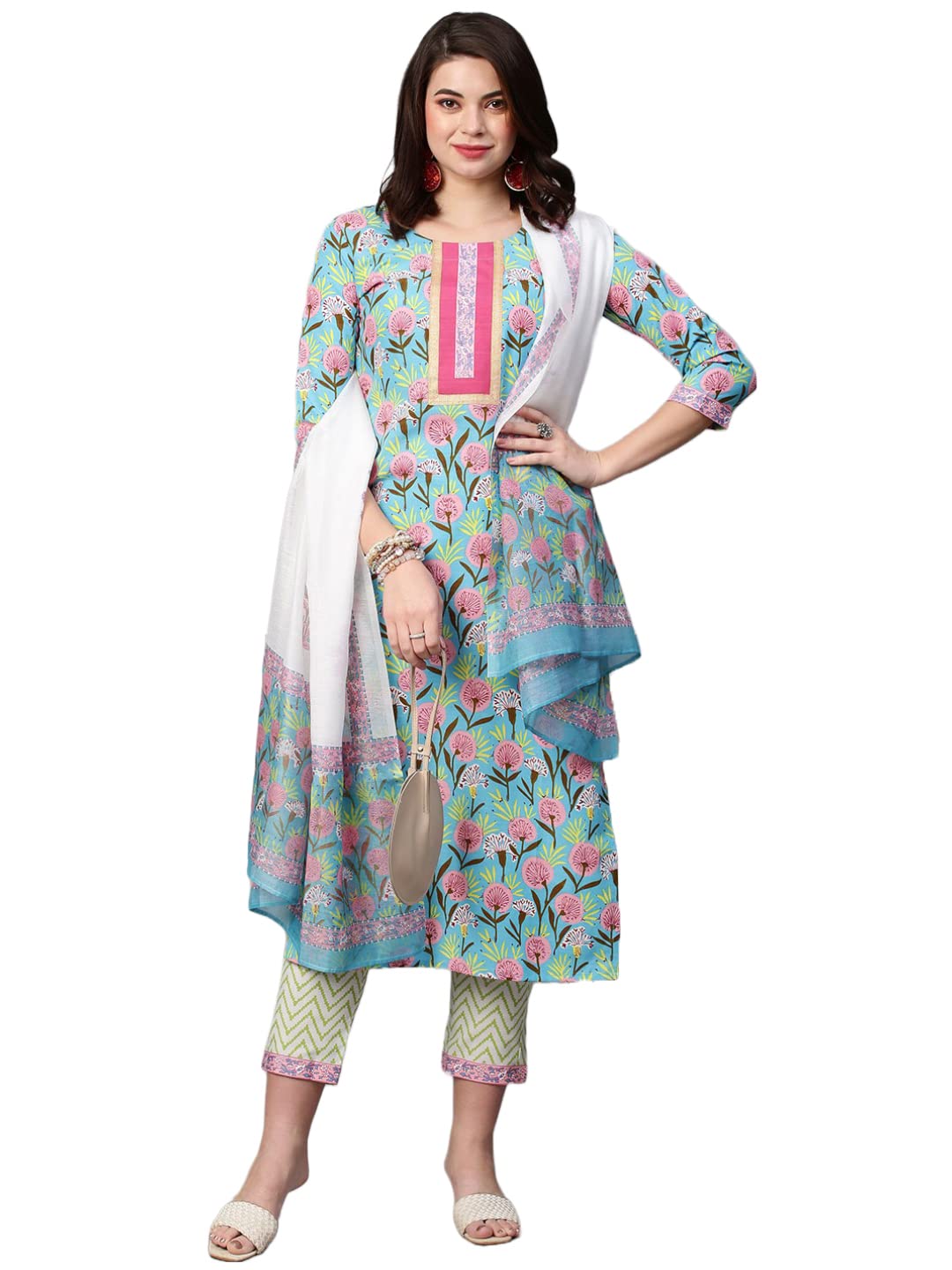 Anni Designer WomenS Cotton Blend Printed Straight Kurta With Pant & Dupatta (Gulab Green-Nw_M_Green_Medium)