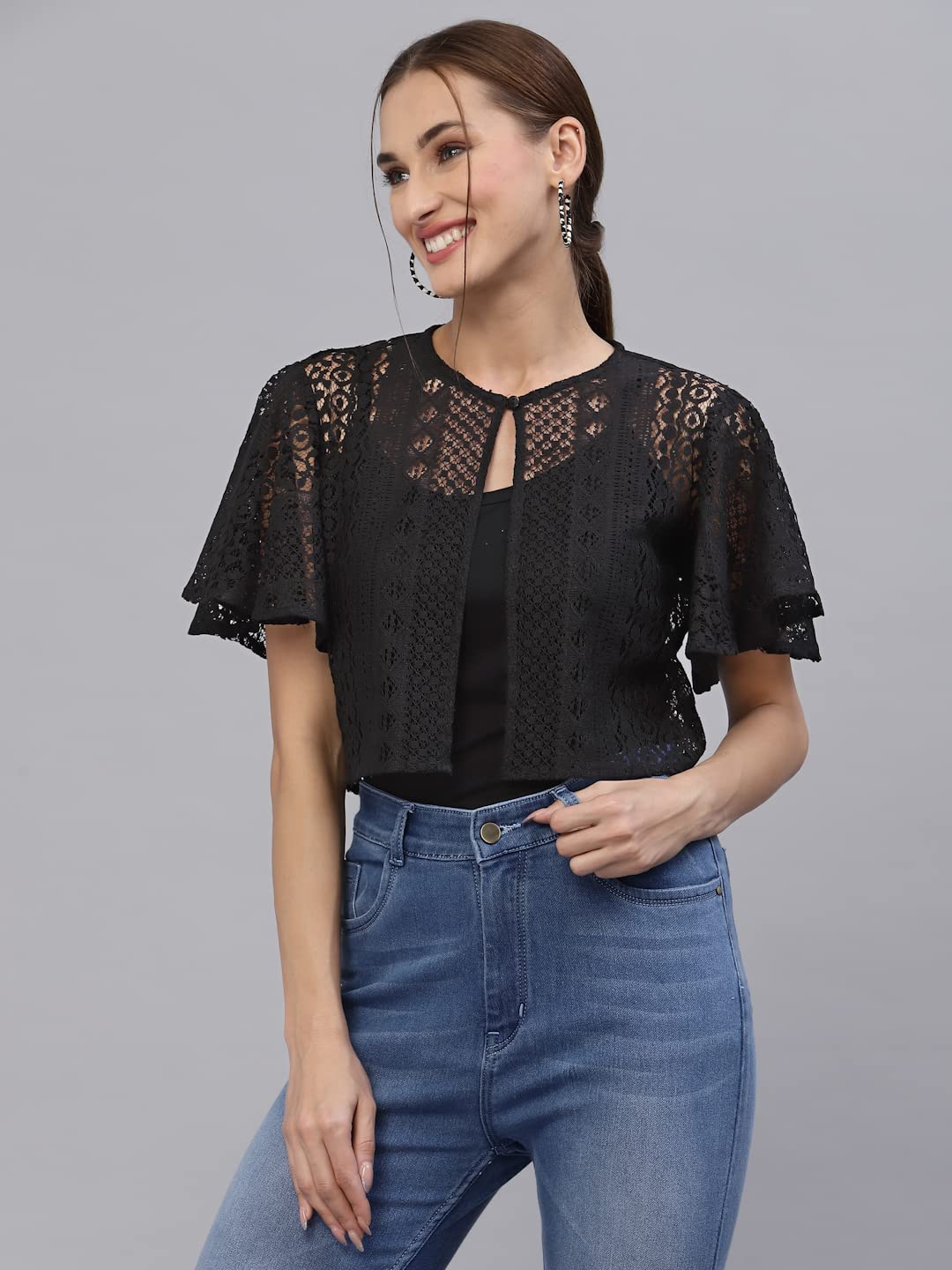 Style Quotient Women Black Self Design Lace Open Front Smart Casual Shrug