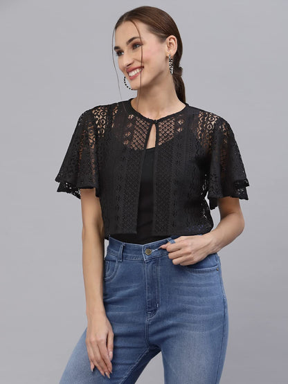 Style Quotient Women Black Self Design Lace Open Front Smart Casual Shrug