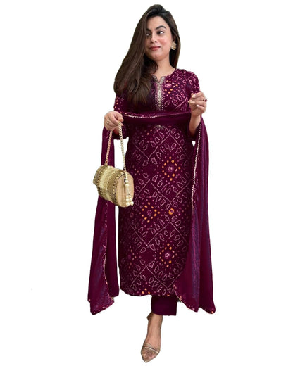 Gosriki WomenS Rayon Blend Straight Bandhej Printed Kurta With Pant & Dupatta (Turae Wine-Vks01-Gs_5Xl_Wine_Xxxxx-Large)