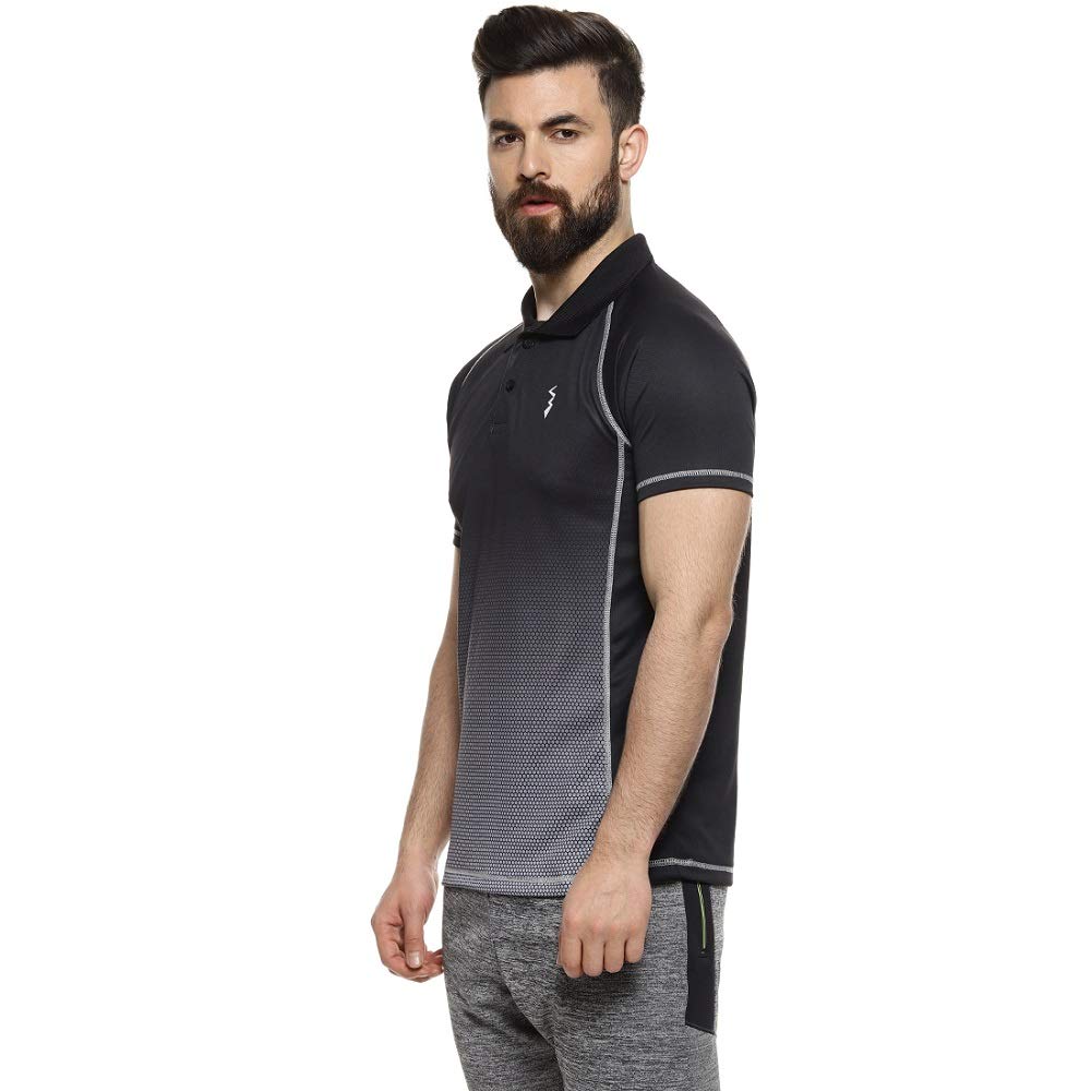 Campus Sutra Mens Black & Grey Ombre Polo Activewear T-Shirt for Casual Wear | Spread Collar | Short Sleeve | Half-Button Closu