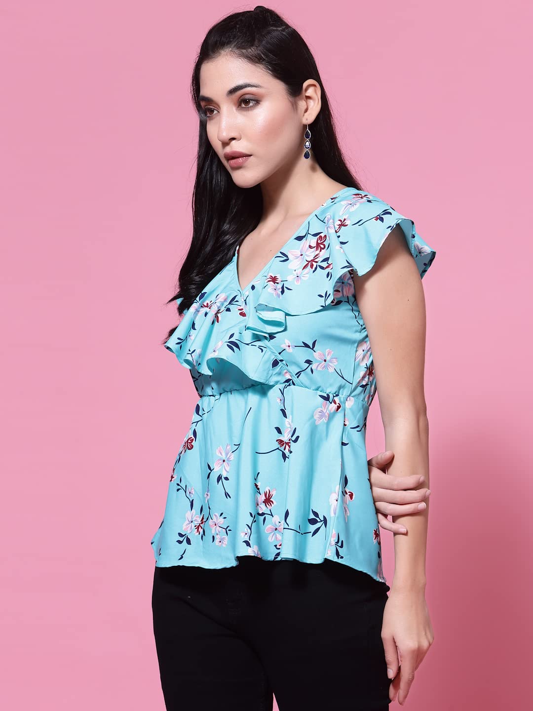 OOMPH! Womens Crepe Printed top with V-Neck and Ruffle Sleeve