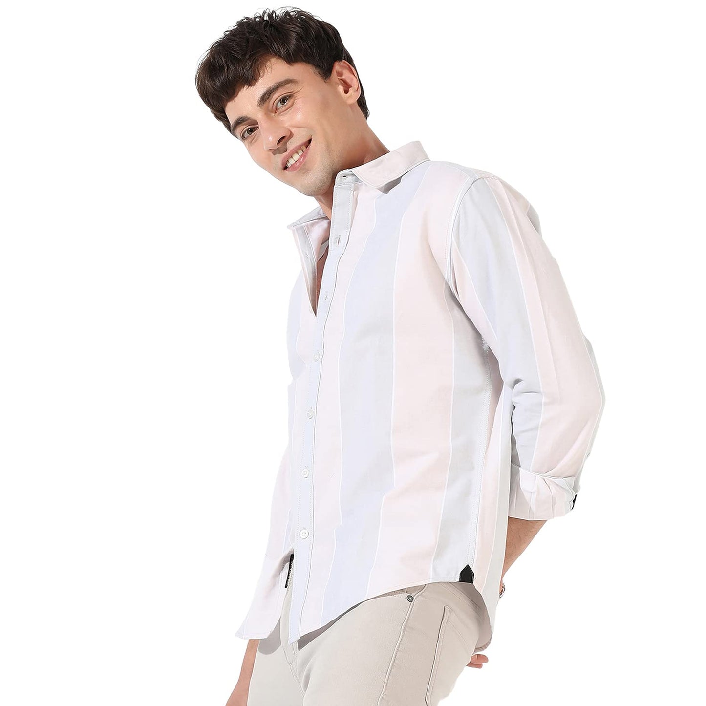 Campus Sutra Mens White and Blue Striped Button Up Spread Collar Shirt for Casual Wear | Regular Fit | Cotton Twill Shirt Craft