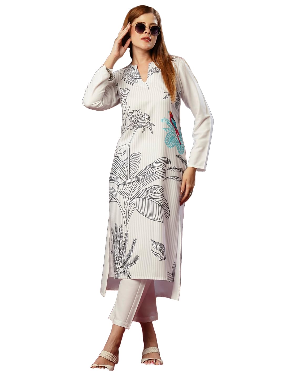 ANNI DESIGNER Ladies Cotton Blend Printed Straight Kurta with Trousers, White, S