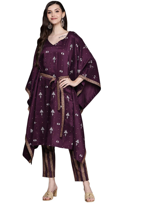 ZIYAA Women's Purple Crepe Straight Kurta And Pant Set(ZIKUCR3853ANDPA)