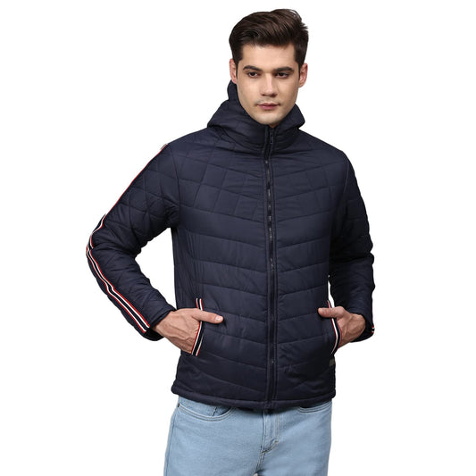 Campus Sutra Men Navy Blue Solid Windcheater Padded Jacket with Side Stripes
