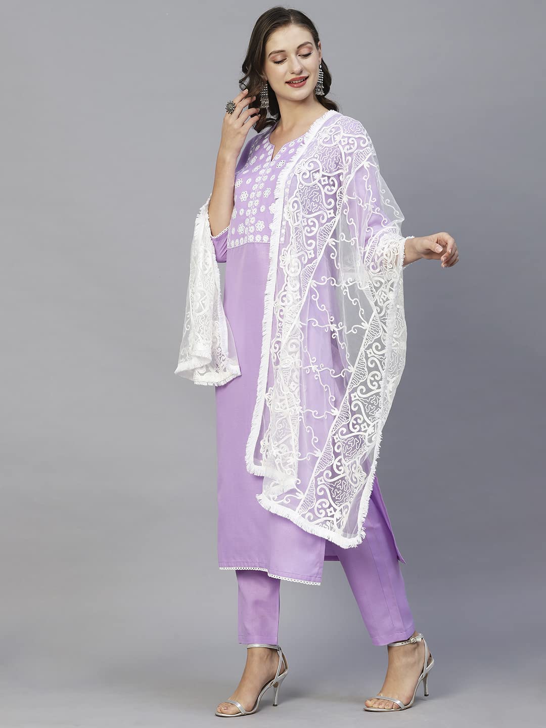 ANNI DESIGNER Women's Cotton Blend Straight Solid Kurta with Pant & Dupatta (EDDA-PURPLE)