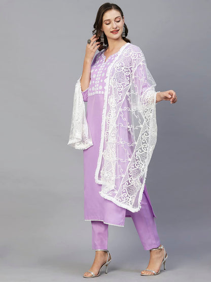 ANNI DESIGNER Women's Cotton Blend Straight Solid Kurta with Pant & Dupatta (EDDA-PURPLE)