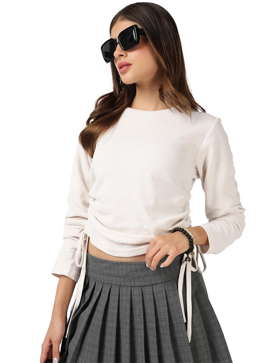 Bewakoof WomenS Textured Regular Fit Full Sleeve Round Neck Waffle-Cotton Top_685378_Off White_S