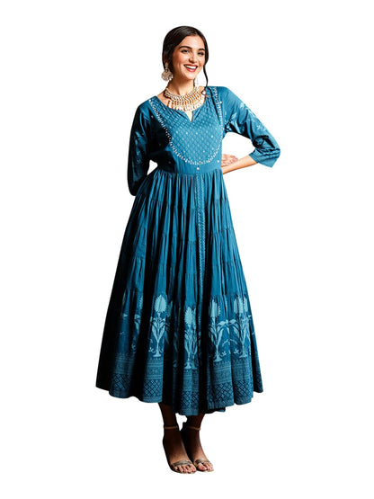 Ishin Teal Floral Printed Embellished Anarkali Dress With Tie-Up