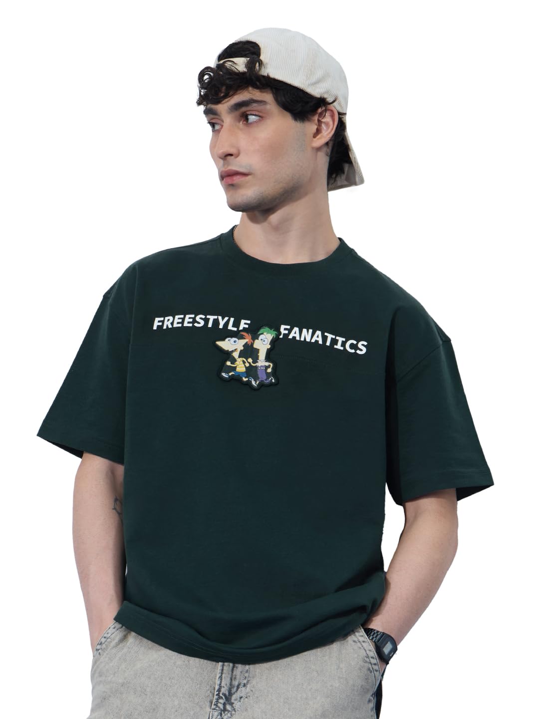 The Souled Store Phineas and Ferb: Applique Patch Men and Boys Short Sleeves Round Neck Dark Green Graphic Printed Cotton Oversi