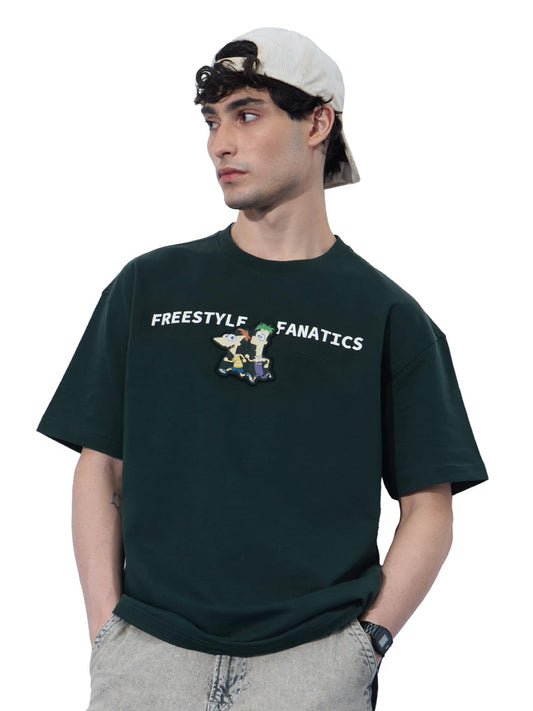 The Souled Store Phineas and Ferb: Applique Patch Men and Boys Short Sleeves Round Neck Dark Green Graphic Printed Cotton Oversi