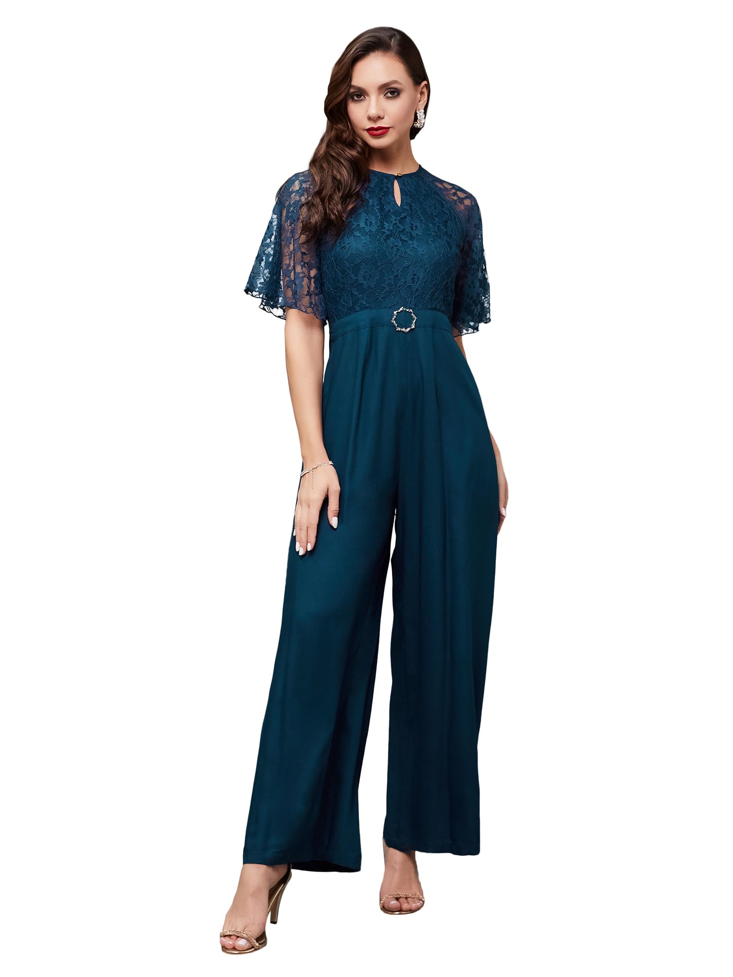 Miss Chase Womens Black Round Neck Flared Sleeve Floral Raglan Regular Jumpsuit (MCSS25D93-85-83-07, Teal, 2XL)