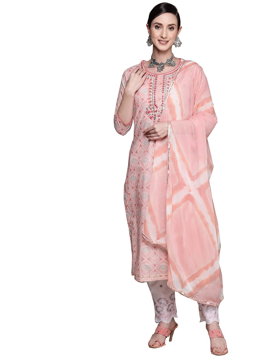 ishin Women's Cotton Pink Embroidered A-Line Kurta set with Trouser & Dupatta