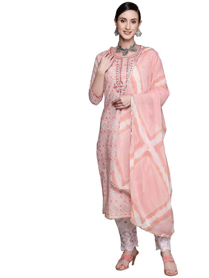 ishin Women's Cotton Pink Embroidered A-Line Kurta set with Trouser & Dupatta