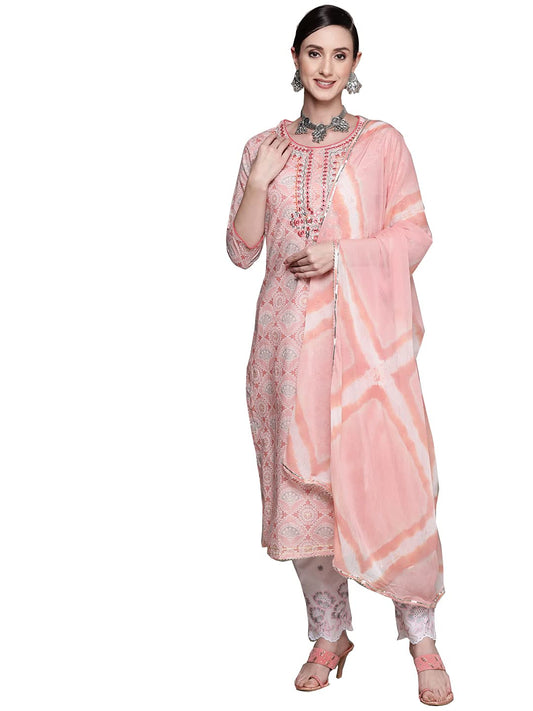 ishin Women's Cotton Pink Embroidered A-Line Kurta set with Trouser & Dupatta