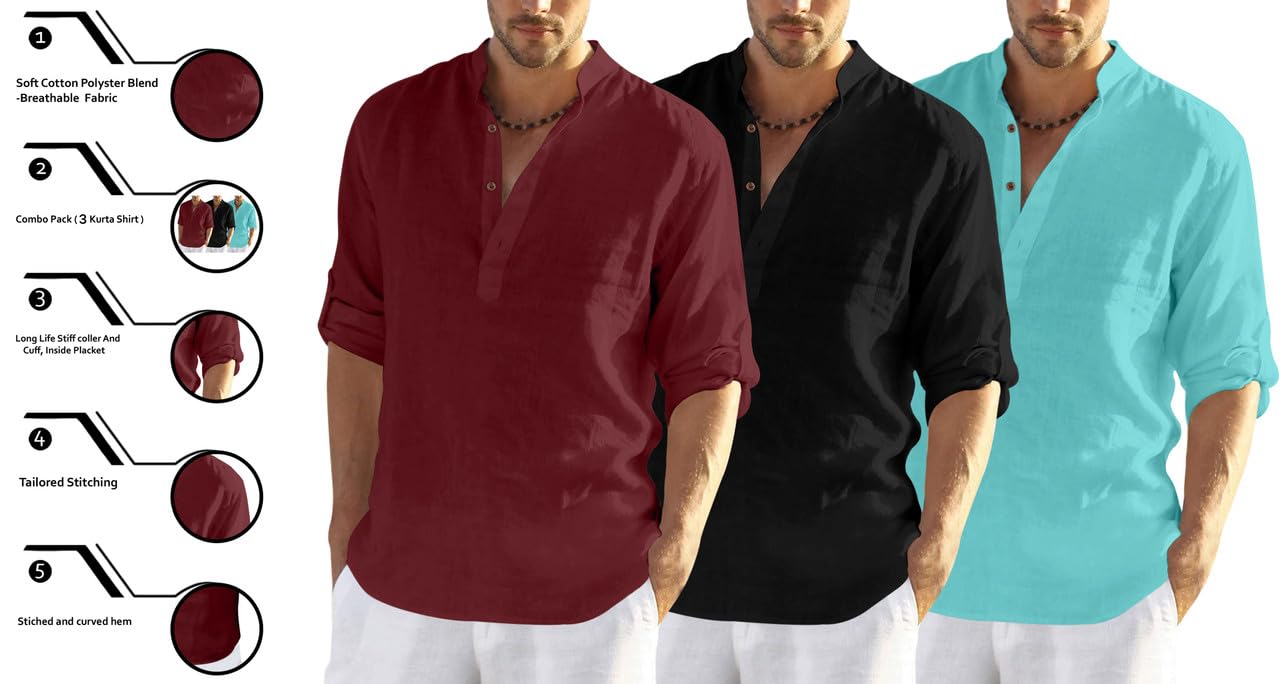 Finivo Fashion MenS Cotton Blend Regular Fit Solid Combo Kurta Shirt Pack Of 3