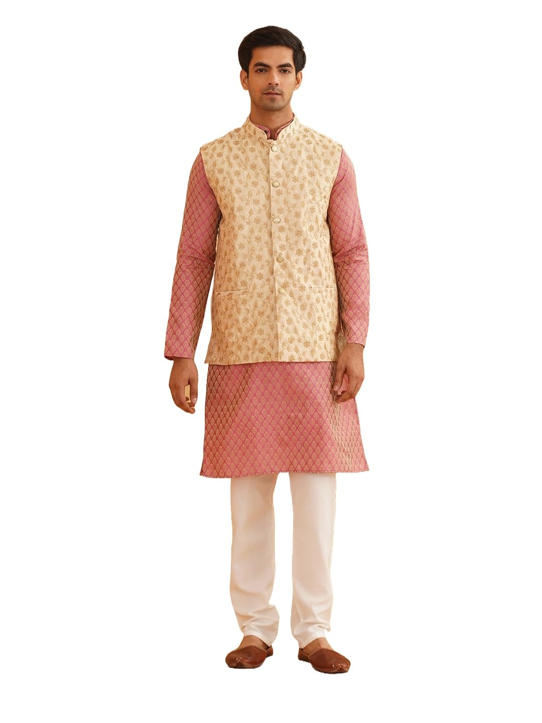 SOJANYA (Since 1958 Classic Pink Silk Blend Kurta & Nehru Jacket Set with Embroidery & Churidaar Pyjama