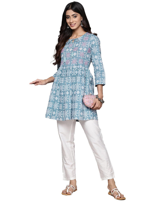 anubhutee Women's Pure Cotton Geometric Printed Blue A-Line Kurti