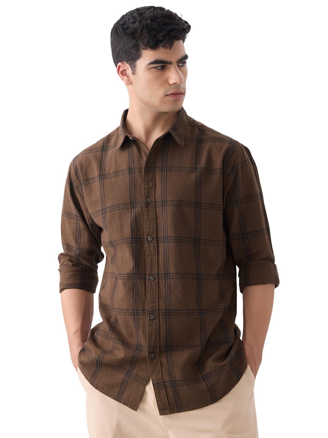 The Souled Store Cotton Linen Checks: Desert Men and Boys Long Sleeve Collared Neck Button Front Regular Fit Cotton Linen Shirts
