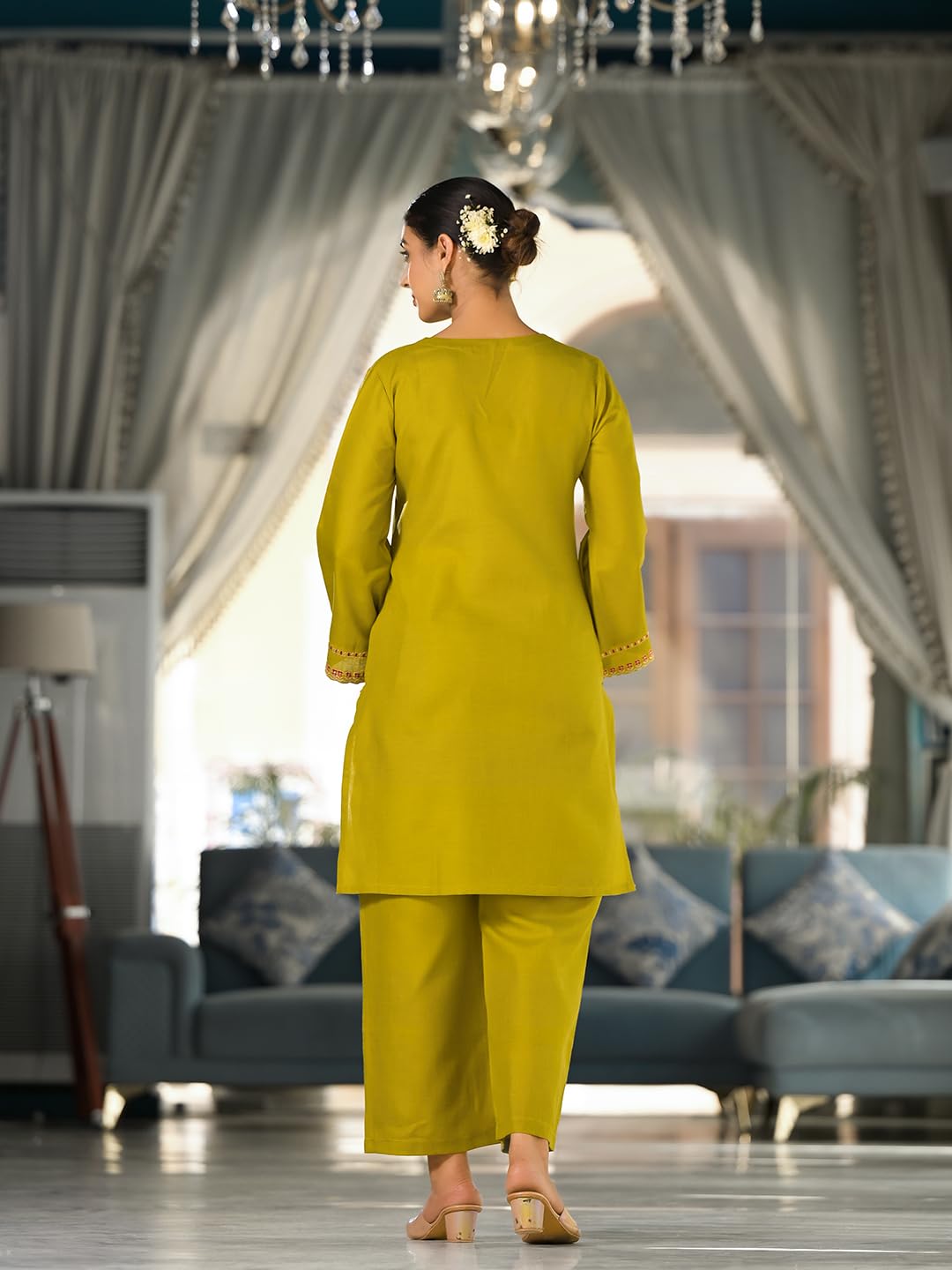 Varanga Women Green Embroidered V-Neck With Flared Sleeves Co-Ord Set  Stylish & Comfortable Ethnic Wear