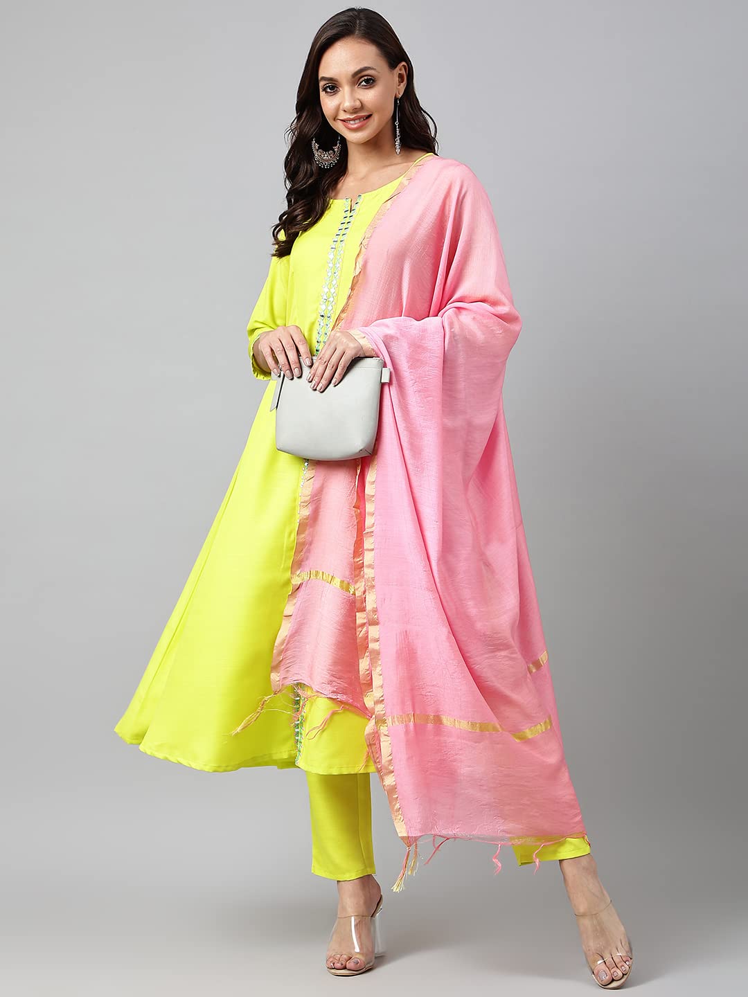 ANNI DESIGNER Women's Cotton Blend Embroidered Anarkali Kurta with Palazzo & Dupatta (Darwaja)