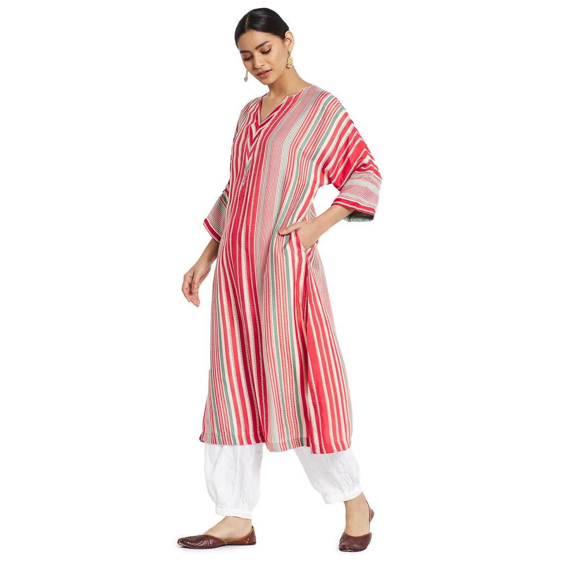 Fabindia Women Screen Printed Viscose Blend ong Kurta Hand_Multicolour