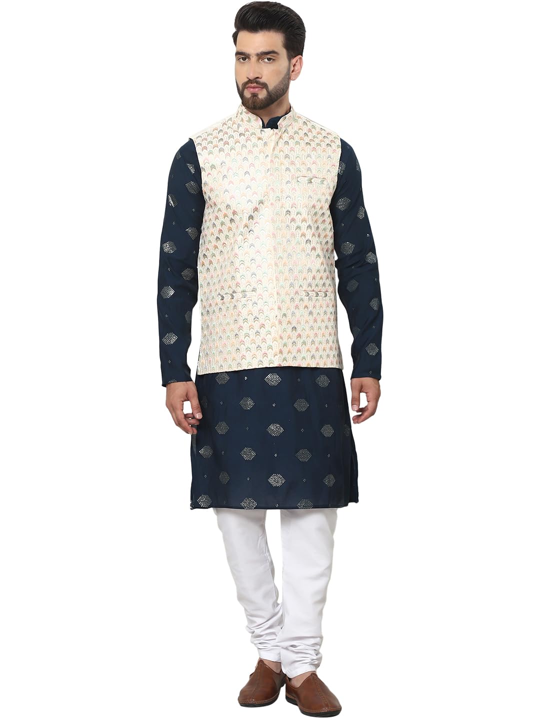 SOJANYA (Since 1958 Men's Cotton Silk Embroidered Navy Kurta and White Pyjama with Designer Cream Nehru Jacket