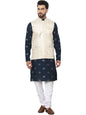 SOJANYA (Since 1958 Men's Cotton Silk Embroidered Navy Kurta and White Pyjama with Designer Cream Nehru Jacket