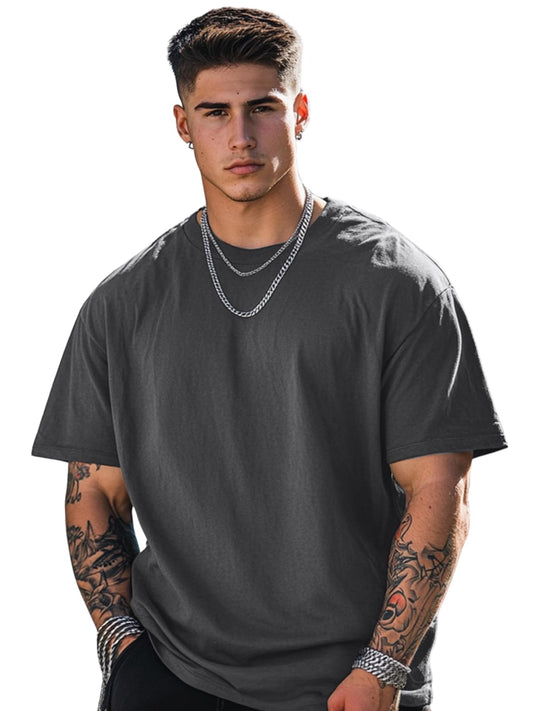 Veirdo Mens Cotton Short Sleeve Round Neck Oversized Fit Solid T-Shirt Men