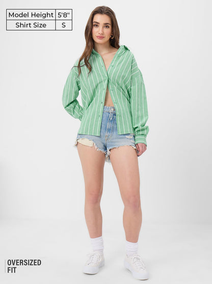 The Souled Store Cotton Linen Shirt: Foliage Women and Girls Long Sleeves Collared Neck Button Front Green Cotton Linen Boyfrien