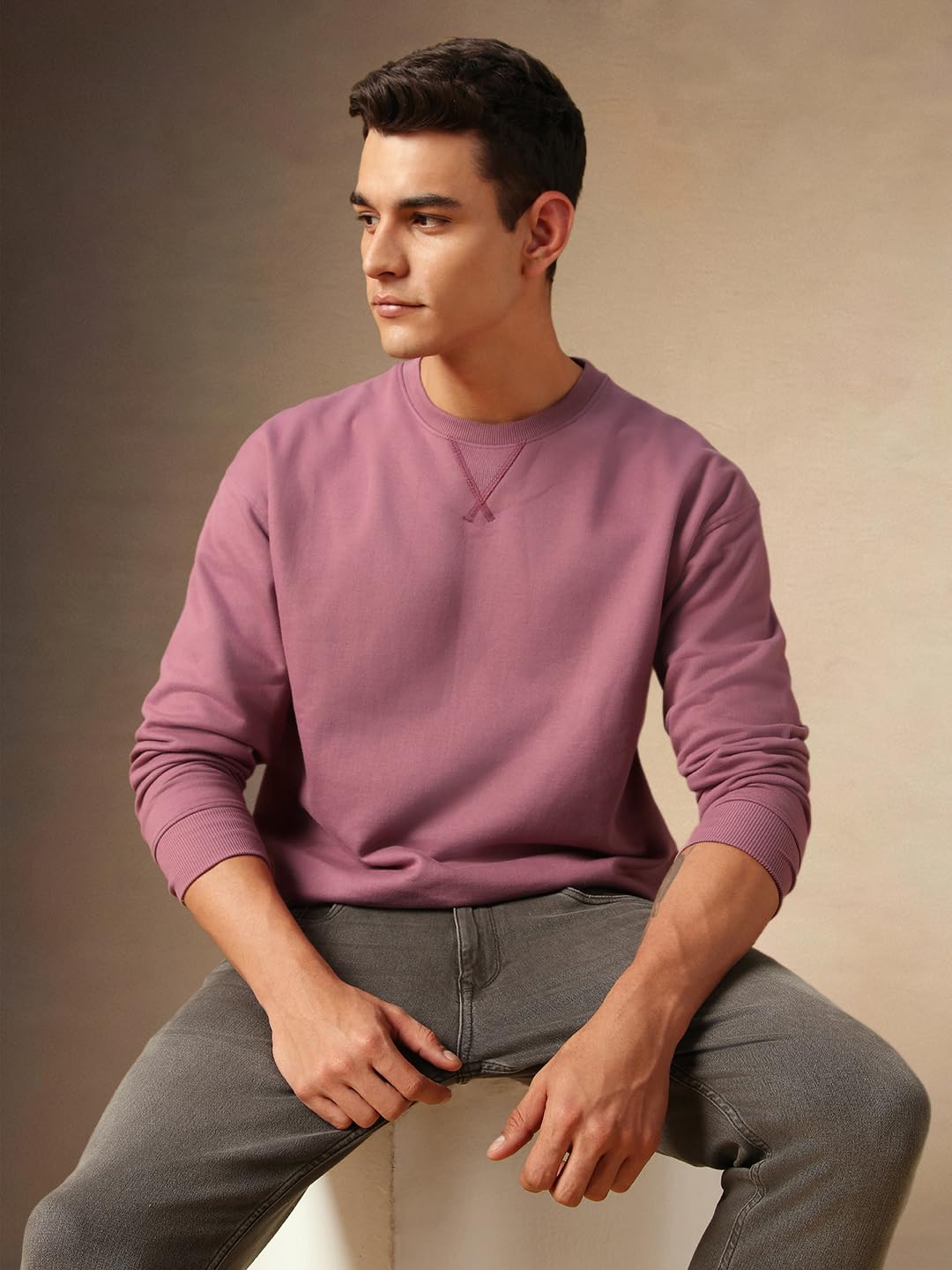 Dennis Lingo Men Solid Polycotton Regular Fit Full Sleeves Pullover Sweatshirts Pink