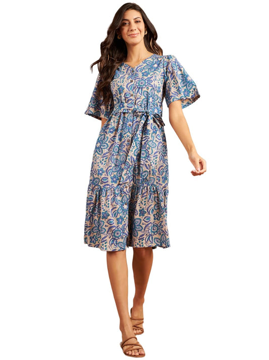 Modeve Women Froral Print Blue Dress_Medium