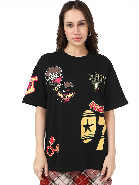 Bewakoof Official Harry Potter Merchandise Harry Potter Womens Graphic Print Oversized Fit Half Sleeve Round Neck Pure Cotton T