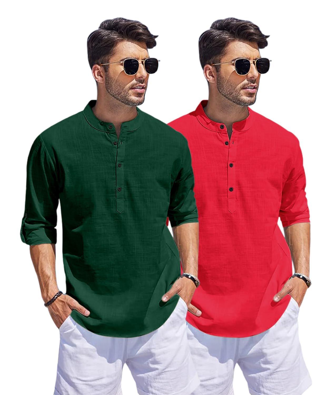 Hemrin Combo Of Men Solid Cotton Blend Straight Kurta Shirt Pack Of 2