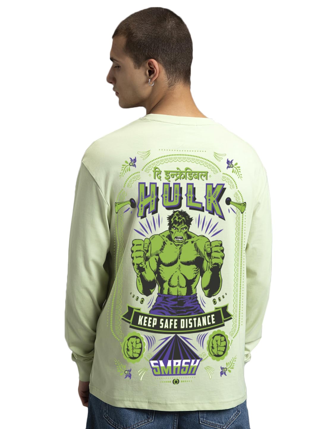 Bewakoof Official Marvel Merchandise Hulk MenS Graphic Print Oversized Fit Full Sleeve Round Neck Pure Cotton T-Shirt_677852_Gre