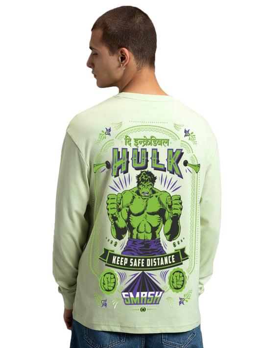 Bewakoof Official Marvel Merchandise Hulk MenS Graphic Print Oversized Fit Full Sleeve Round Neck Pure Cotton T-Shirt_677852_Gre